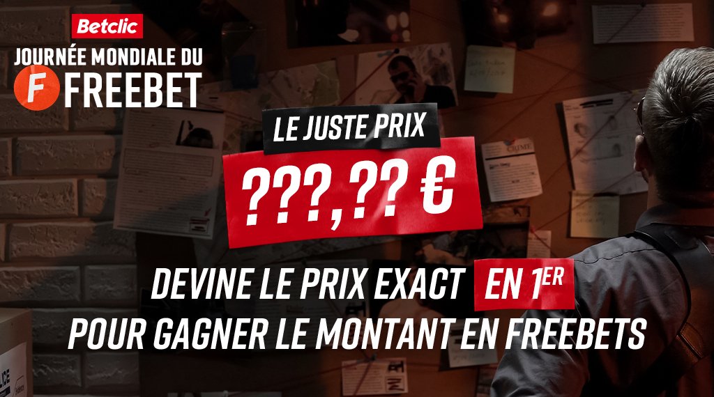 Betclic's tweet photo. On va jouer au juste prix : essaie d'être le 1er à trouver le montant auquel on pense !

👉 Annonce-le montant auquel tu penses en réponse avec le #JournéeMondialeDuFreebet (tu peux tenter plusieurs fois)

Si t'es le 1er à trouver le montant, on te le crédite en Freebets 🤑 https://t.co/NjxhyjuVM7
