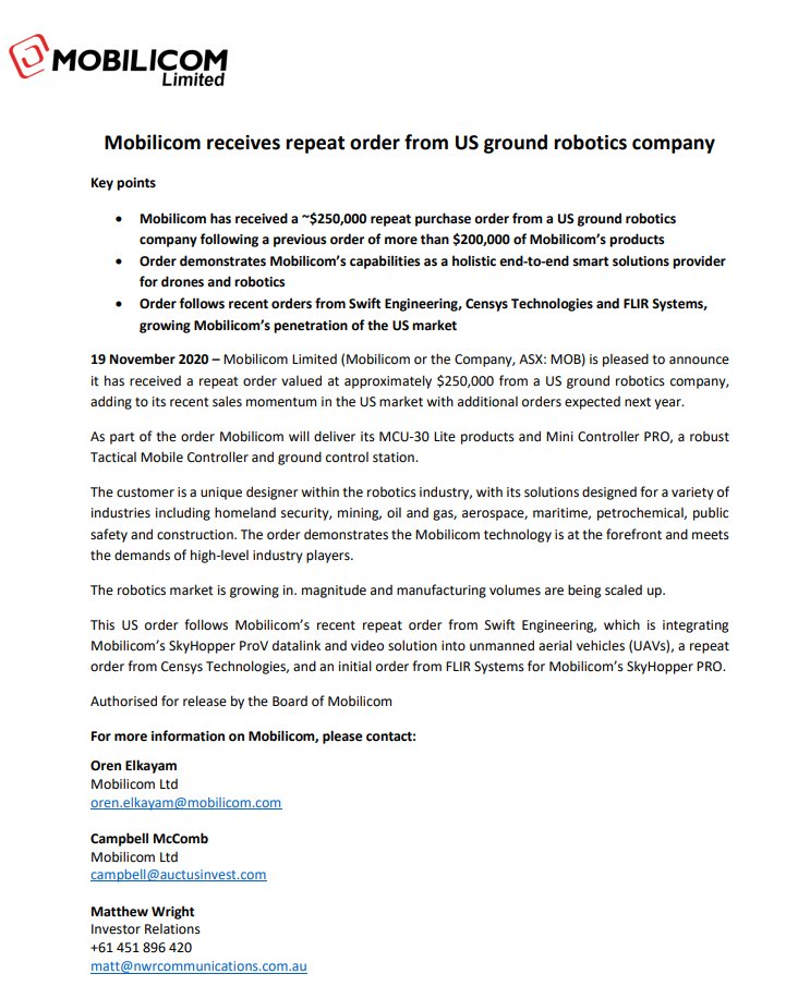 MobilicomASX's tweet photo. $250,000 repeat purchase order received from US ground robotics company: https://t.co/It27zGjTXA $MOB https://t.co/wKiYYhGSSO