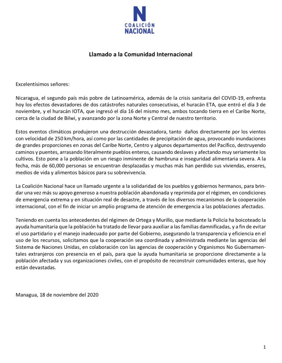 Coalicion_nic's tweet photo. Solicitamos a la comunidad internacional que la cooperación sea coordinada y administrada a través de las agencias del Sistema de Naciones Unidas en colaboración con las agencias de cooperación y Organismos no Gubernamentales internacionales con presencia en el país.

#Iota #Eta https://t.co/eTmWzOwtdk