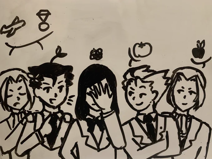I tried to add Maou (Phoenix with Evie's butterfly) and Evie (Miles with Maou's pfp's earmuffs) but you kinda can't tell ? well anyway here's my friends terrorizing me immortalized 