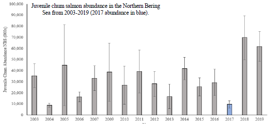 yukonsalmon's tweet photo. At the #JTC meeting with great scientists. #salmonknownoborder #ADFG shared this graph of juvenile fall chum abundance in the ocean. Note: really low abundance in 2017 (result: very poor run this year) and then the large jump in 2018 & 2019! Hopefully more chum next year! https://t.co/NZbG124z2S