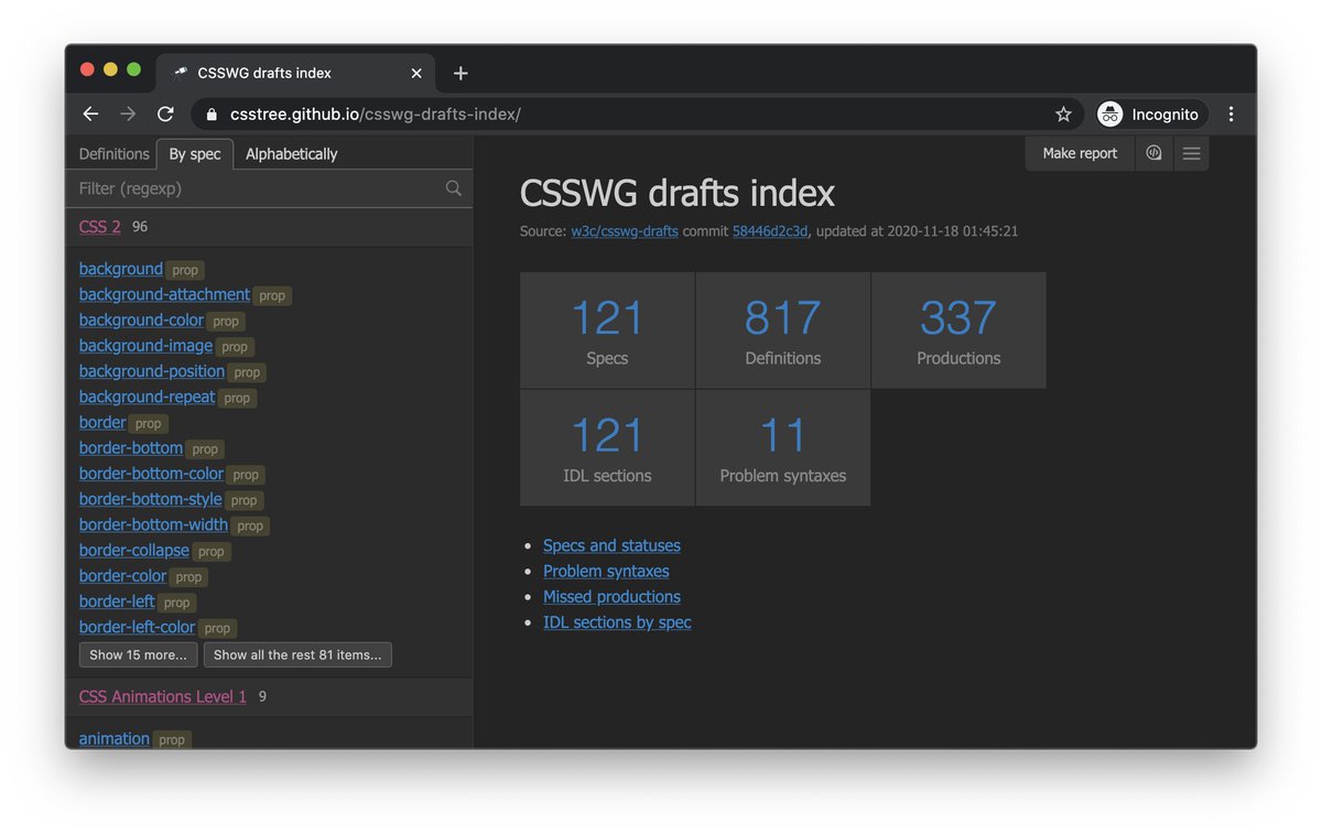 ⭐️ Experimental CSSWG drafts index page was slightly refactored recently. It's page got a dark theme and is now automatically updated once a day. Feedback is highly appreciated!
csstree.github.io/csswg-drafts-i…