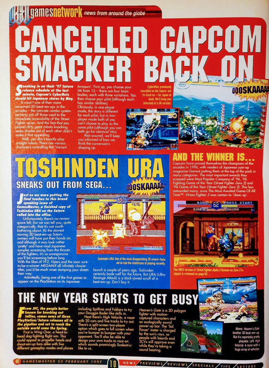 GamesmasterSaid's tweet photo. Issue 52, February 1997
Latest news featuring Cyberbots returning to Saturn, Street Fighter 3 revealed, and Rare unveils Blast Corps for N64. ( Part 1 / 3 )
#ToshindenURA #JVC #Capcom #TobalNo2 #Suikoden #FinalFantasy7 #Sony #HellRacer https://t.co/0DEkCYMF8F