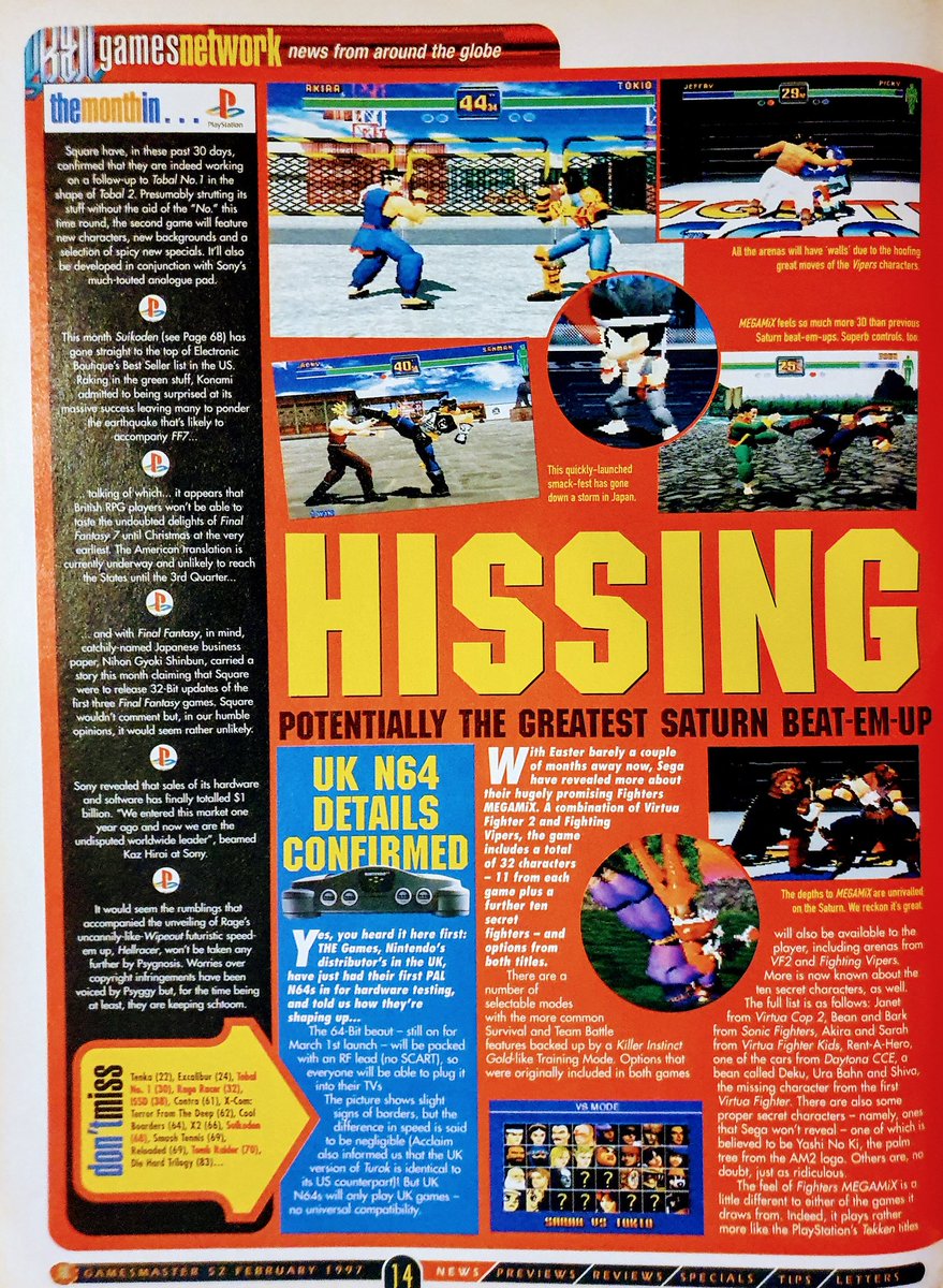 GamesmasterSaid's tweet photo. Issue 52, February 1997
Latest news featuring Cyberbots returning to Saturn, Street Fighter 3 revealed, and Rare unveils Blast Corps for N64. ( Part 1 / 3 )
#ToshindenURA #JVC #Capcom #TobalNo2 #Suikoden #FinalFantasy7 #Sony #HellRacer https://t.co/0DEkCYMF8F