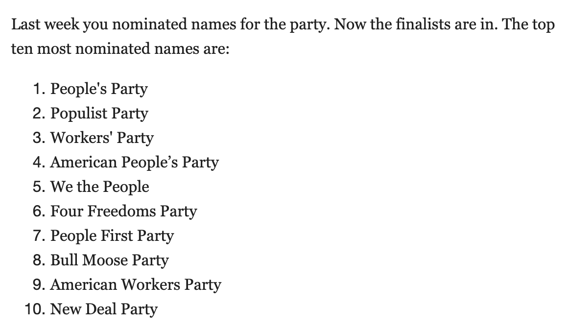 PeoplesParty_US's tweet image. ✅ It's time to cast your vote for our official party name!

Cast your vote for the final party name using our ranked-choice ballot -&amp;gt; peoplesparty.survey.fm/peoples-party-…

Voting ends in three days (Saturday at 6pm Eastern).