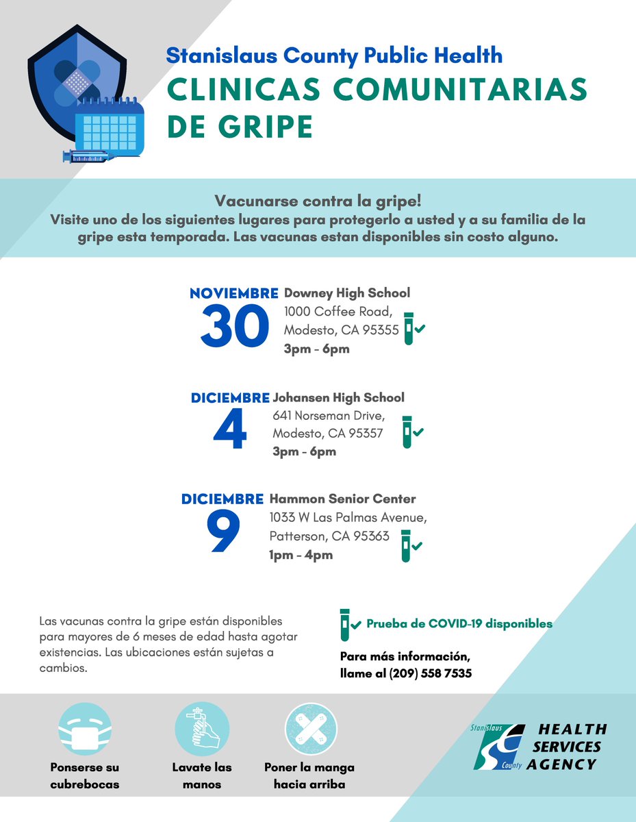 FREE  *  FREE  *  FREE  *  FREE  *  FREE  *  FREE
In addition to the Community Flu Clinics, Stanislaus County Public Health is offering COVID-19 testing at NO cost. See the flyers for dates, times and locations.