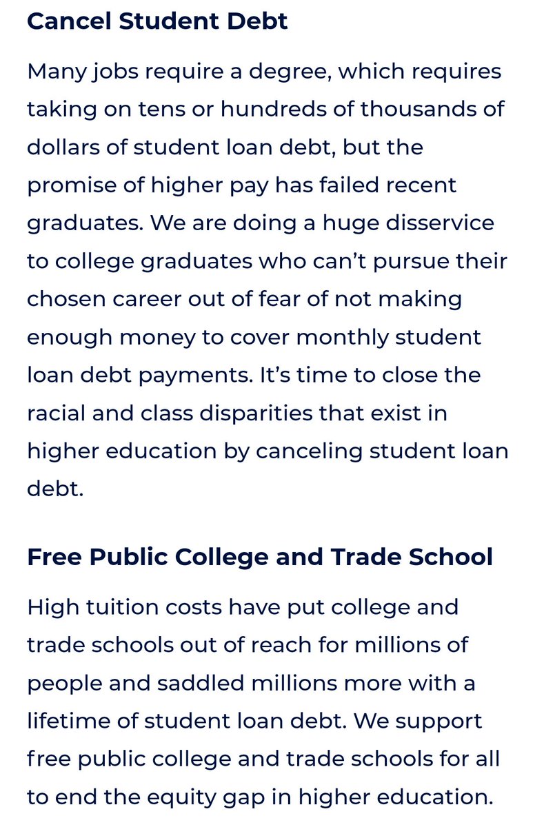Here's a policy comparison!Pic 1: Biden's "Plan For Education Beyond High School"Pic 2: Bernie's "College For All & Cancel All Student Debt"Pic 3: AOC's "Elevate Public Education"Pic 4: Justice Democrats' "Cancel Student Debt" & "Free Public College & Trade School"