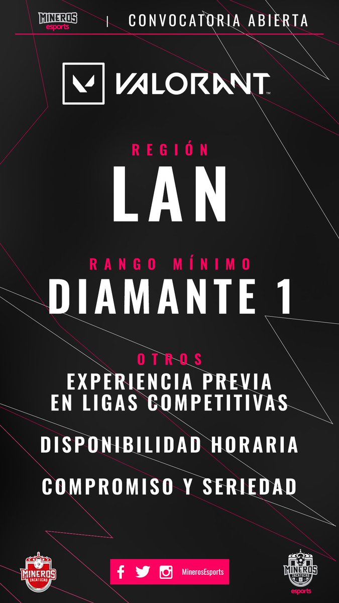 Convocatoria Abierta - Proyecto Piloto #Valorant <a href="/MinerosFc/">Mineros de Zacatecas</a>.

¿Crees tener lo necesario?💪

Llena el formulario y espera a ser contactado:
forms.gle/gLCRytiwXRE4m3…