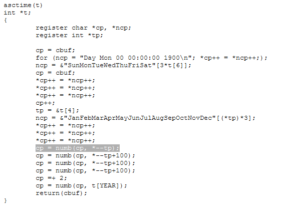 `ctime(t)` just returned the `asctime`, or ascii time, of the time array. I attached the code; highlighted line is where they copy over the day of month. To get the month and day of week, they multiple a value by an offset and copy over three bytes. Very tightly written.