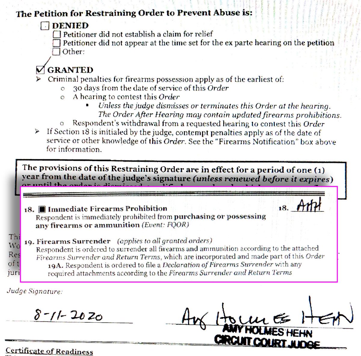 On 8/11, a judge signed a family abuse protective order prohibiting Chandler Pappas from purchasing or possessing firearms or ammunition after he viciously assaulted a member of his extended family.  https://twitter.com/SmileItsNathan/status/1322596935161704448