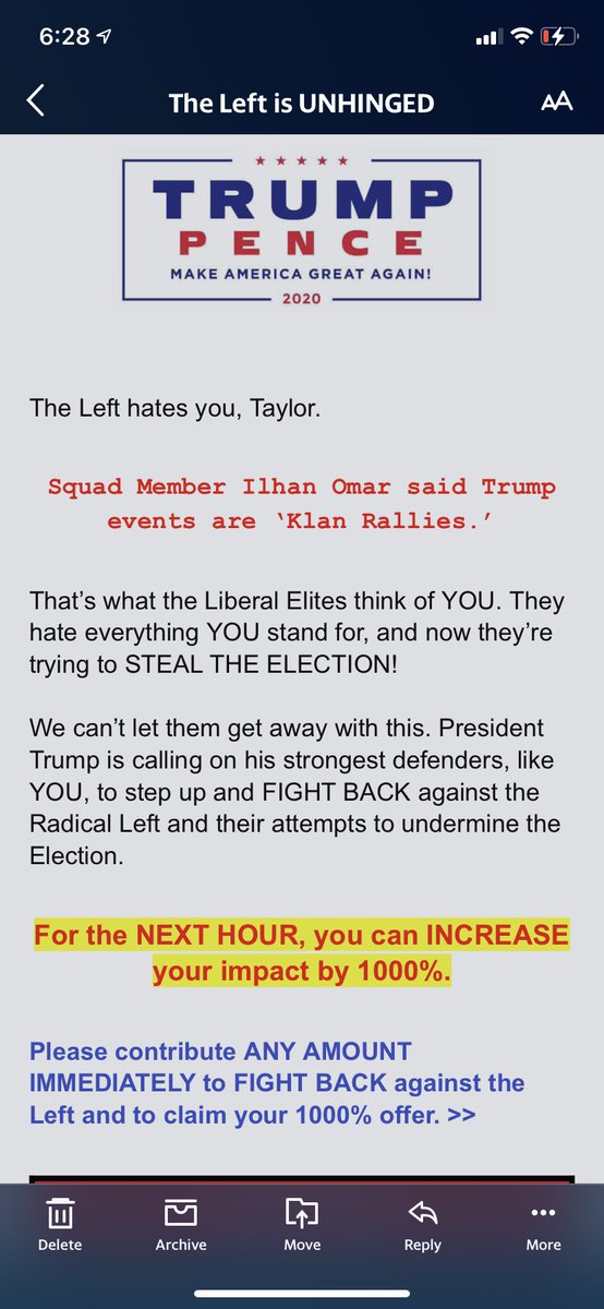 tayturb's tweet photo. So I signed up to receive emails from Trump’s team because I believe that in order to succeed it’s good to know what the opposition is doing. This the type of stuff they send about 20-30 times a day. Just take a look at the types of words used. The shit is dangerous. https://t.co/Pkv7ZGJmvd