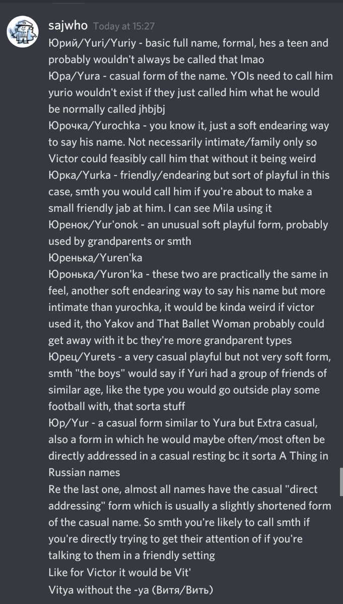 (4) While we're at the topic of Yurios name, I figured i might as well share the list of the ways Yurio could be called. His grandpa and fans call him Yurachka which is an endearing form of his name but the nature of Russian lang is such that you can make Many forms of a name
