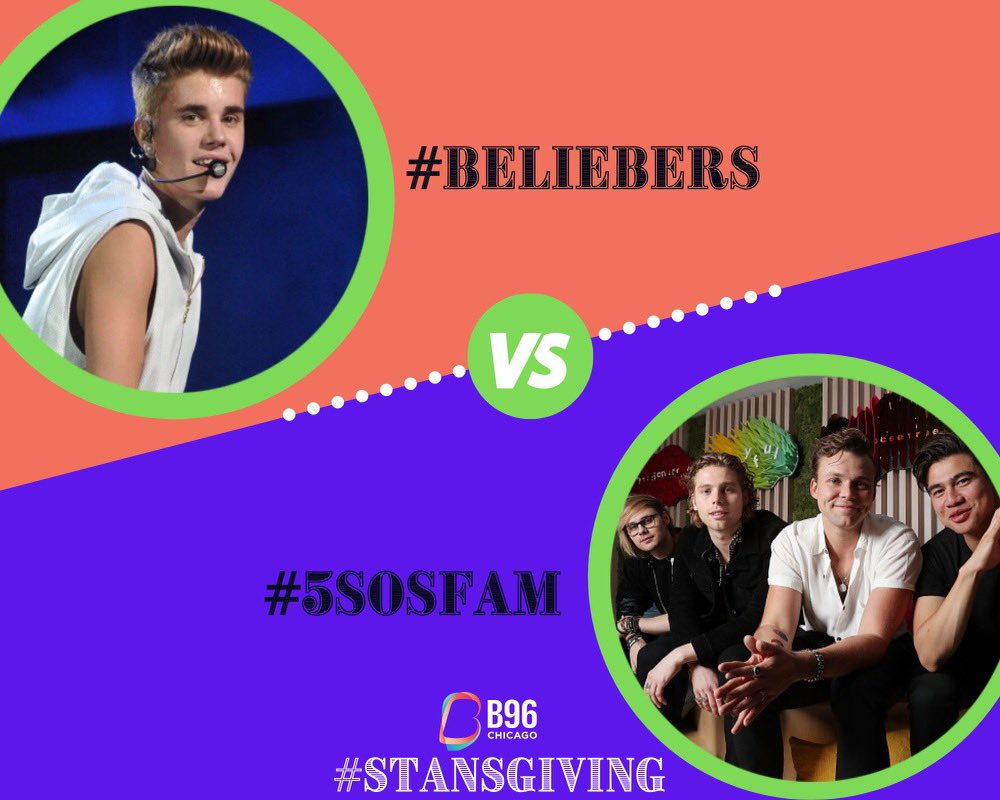 B96Chicago's tweet photo. #STANSGIVING ROUND ✌️ IS ON!🔥

Which stans are the most thankful?

#BELIEBERS  vs. #5SOSFAM

REPLY AND/OR QUOTE TWEET YOUR VOTE TO GET THEM TO THE NEXT ROUND. We will also be tallying IG. https://t.co/RLZB4YtBA5