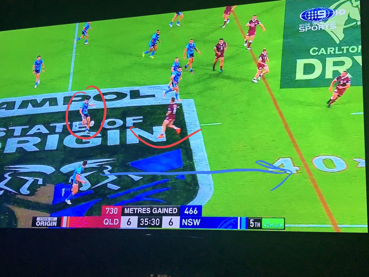 Sure it’s the 5th tackle, but NSW have a 2 v 1 on the outside with an enormous paddock for Addo-Carr to run into.Is kicking the ball handover style a better option than Addo-Carr in all that space. NEVER. Not in any form of modern Rugby League
