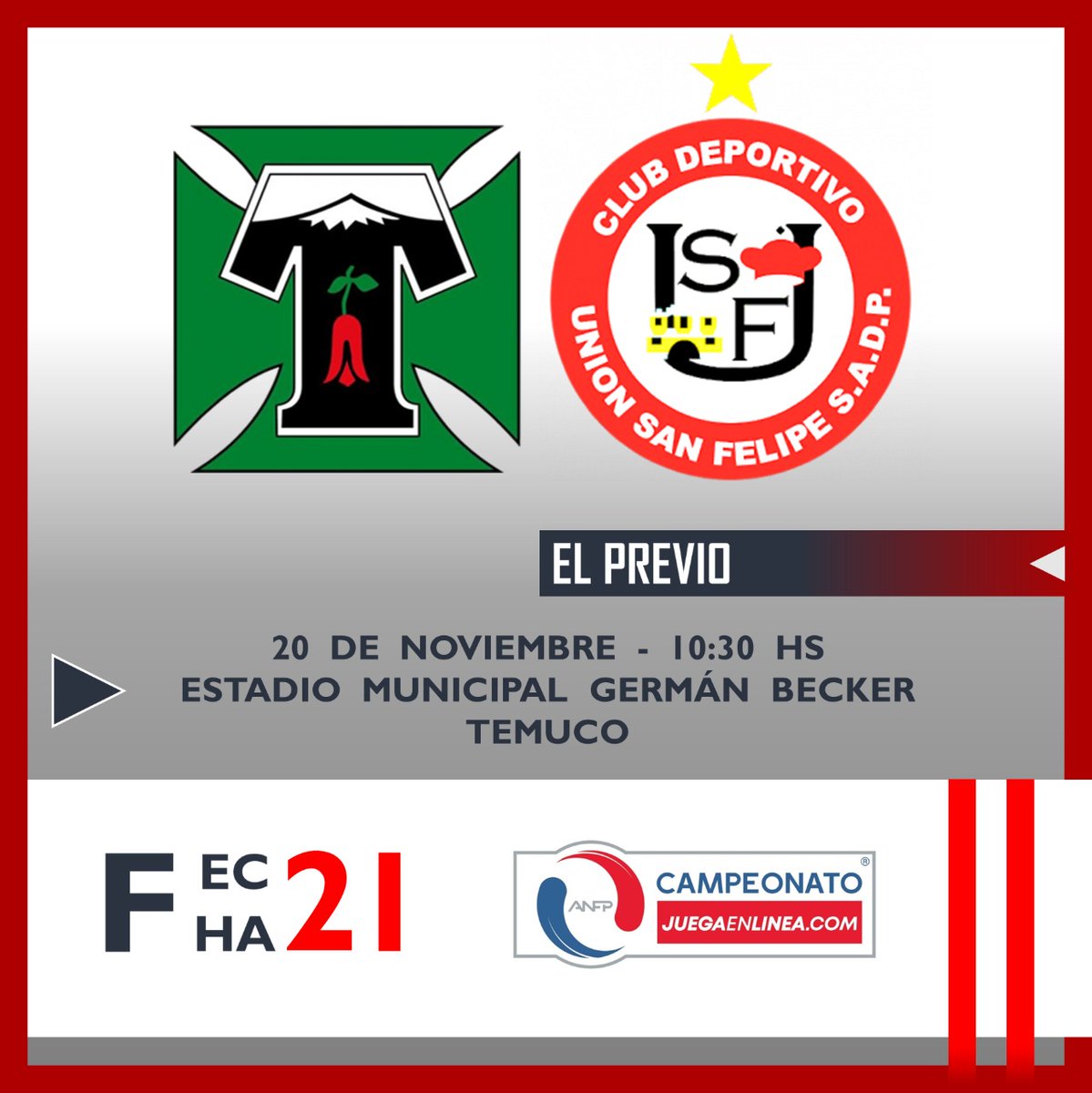 elprevio's tweet photo. ⚽️ #DeportesTemuco y #UniónSanFelipe abren la próxima fecha del #CampeonatoJuegaEnLínea

🇳🇬 @Temucooficial 🆚 @USanFelipeSADP 🇲🇨
📆 20/11
🕥 10:30 hs
🏟 Germán Becker, #Temuco
🌡 13° 🌧
📻 Radios locales

#primerab #ascenso #liguilla #uníuní #aconcagüinos #albirrojos #SanFelipe https://t.co/PoZ9IrCJrP