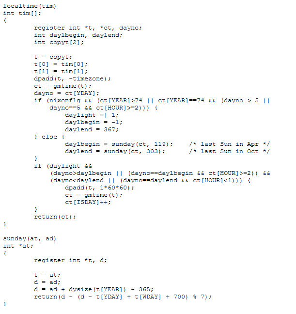 Some evidence in favor of this: `asctime` didn't return the day of the year, so the user never saw it. But the time array stores it to calculate when daylight savings starts. So the day-of-year was 0-indexed.