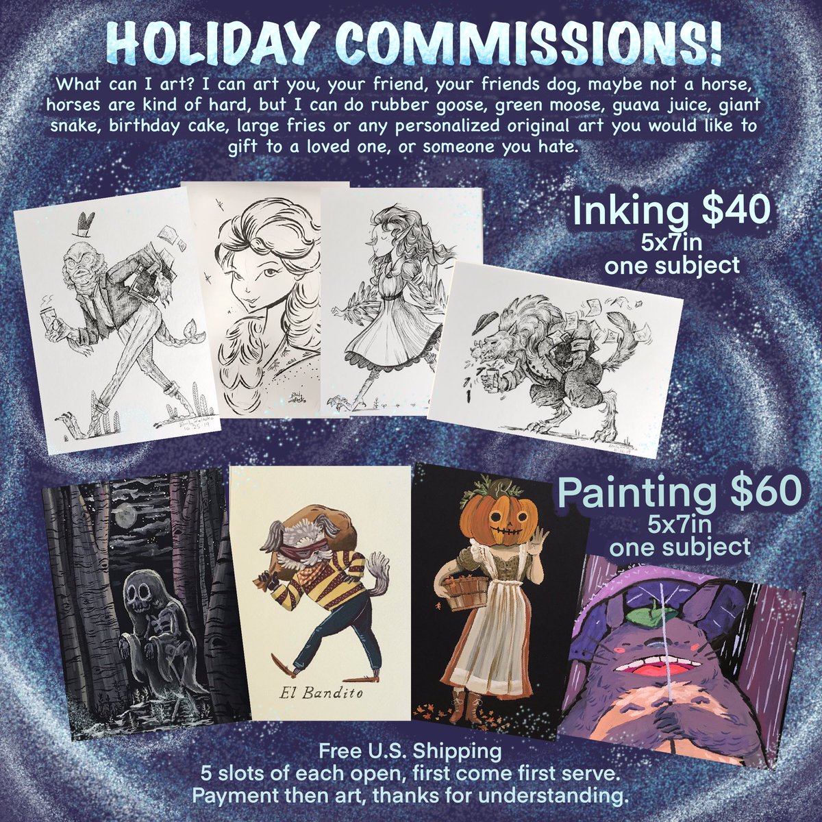 EmilyZelasko's tweet photo. Alright, holiday commissions, 5x7in inking $40 or painting $60. There you go, if you have any questions feel free to ask.
#emilyzelaskoart #shoplocol #art #originalart #painting #artcommission. https://t.co/yHk9YKVw5O