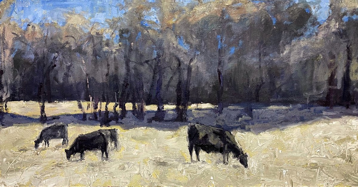 Fall Scene featuring Cows in Stone County, Arkansas. 44”x20” oil on canvas by <a href="/kelleemayfield/">kelleemayfield</a> (that’s me 😉)There was good light that day. 🐄