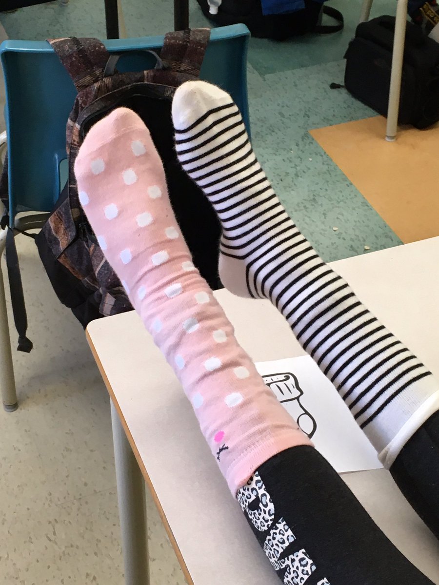 Ms_Virginia__'s tweet photo. Students enjoyed showing off their unique socks yesterday.  It’s okay to be different! #BullyingAwarenessWeek @StJeromeOCSB https://t.co/qwpRTFC6Dm