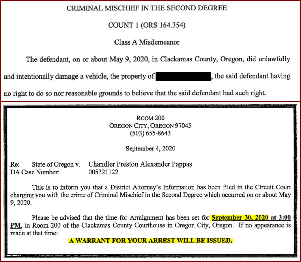 A warrant for Pappas' arrest was issued on 9/30 after he failed to show up to court for a misdemeanor. Avoiding arrest, Pappas maintains a high profile, regularly attends far-right / fascist events, & brags openly about his special treatment from police.  https://twitter.com/RoseCityAntifa/status/1323147668999208962