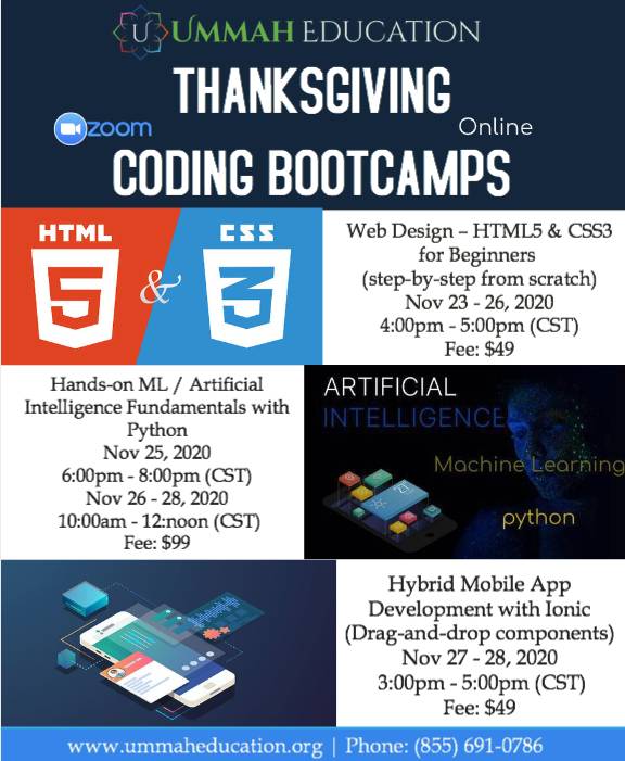 muslimHackathon's tweet photo. Thanksgiving Coding Bootcamps: Web | Mobile | AI | Python - https://t.co/HniDMuJwH9 https://t.co/A8Qzm3TA7D