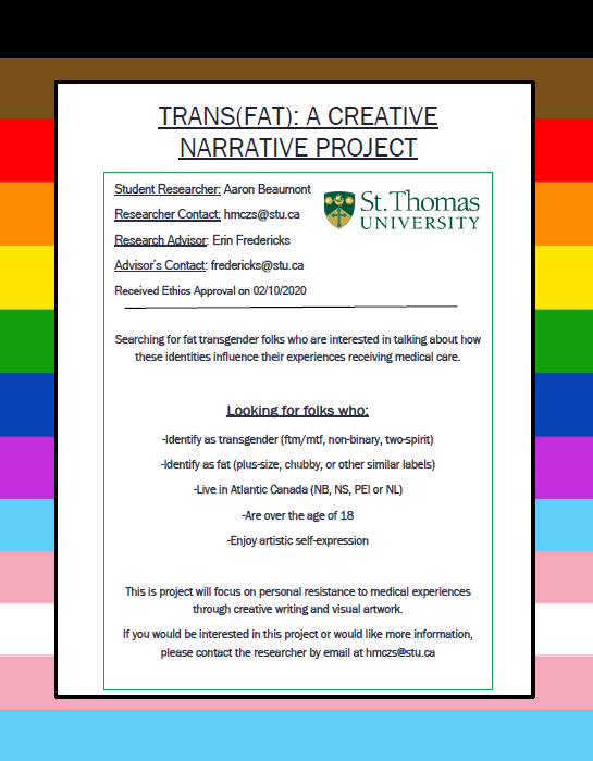 Hi Folks! Please check out this flyer for information on a study requiring fat-identifying trans participants, and feel free to share with anyone who might be interested (and who fits the research criteria)!