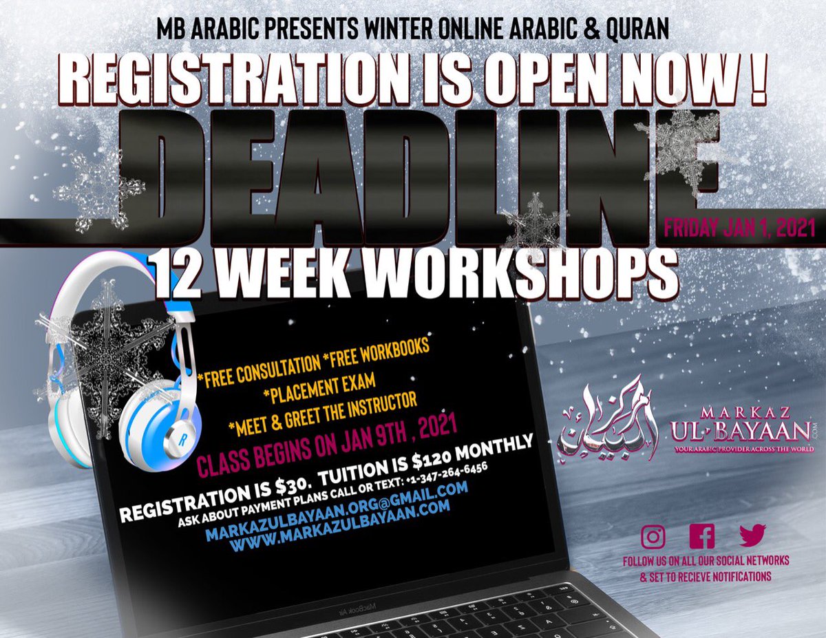 mbarabic966's tweet photo. Winter is Coming ! Let’s get enrolled for the online Arabic , Quran and Islamic classes at MB Arabic Center est.2002 #freeworkbooks #freeconsultation #learntoreadArabic #readquran #arabicconversation #enrollmentopen 347-264-6456 MarkazulBayaan.org@gmail.com https://t.co/qU9hmeqwik