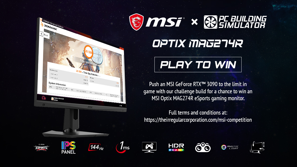 msigaming's tweet photo. Push the new MSI RTX 3090 cards to the limit in game and earn a chance to win a real MSI Optix MAG274R esports monitor!
Enter here: https://t.co/rVu3fkLeVd
#MSI #msigaming #PCBSPlayToWin https://t.co/wmKGthzUwi