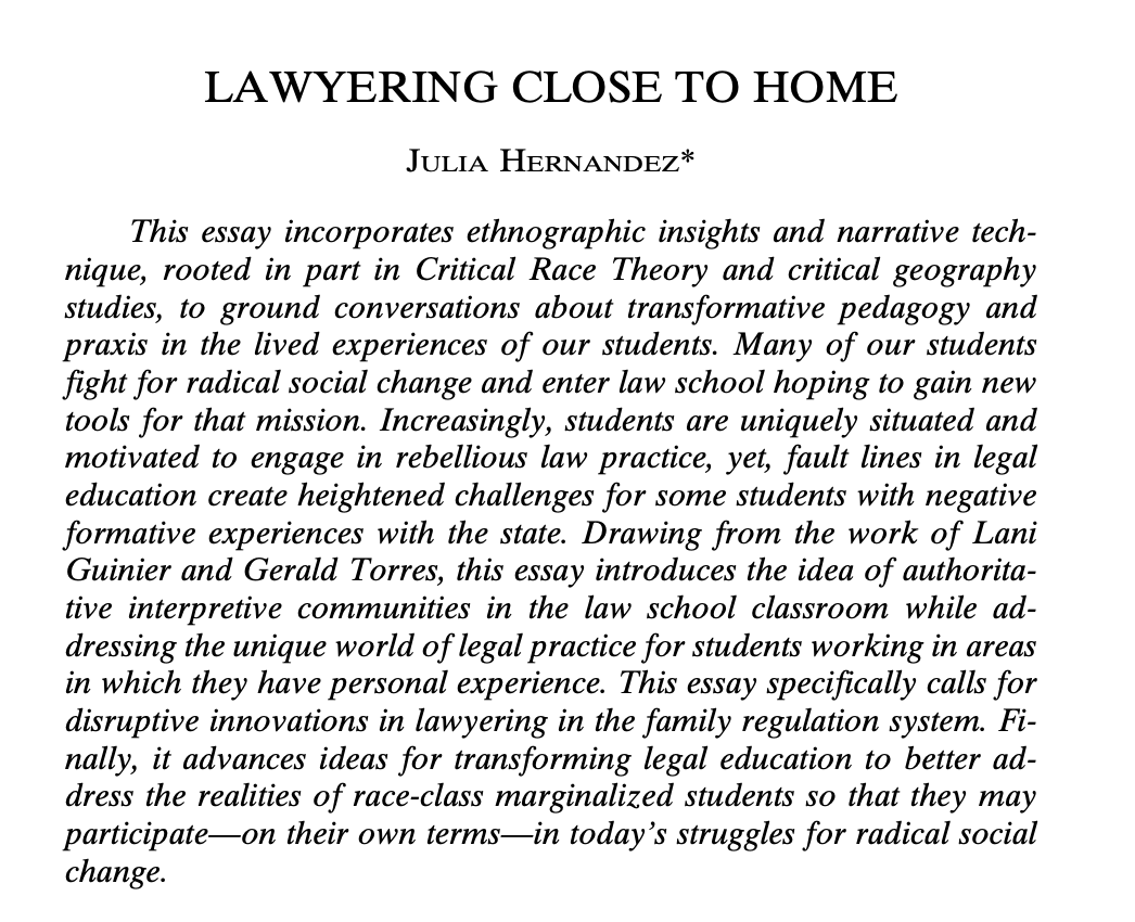 JMHernandez126's tweet image. How can we draw on the lived experiences of law students in transforming legal education and law practice? Using CRT, narrative and ethnographic insights, I explore this question in my piece, Lawyering Close to Home. I hope you'll read it and write back. papers.ssrn.com/sol3/papers.cf…