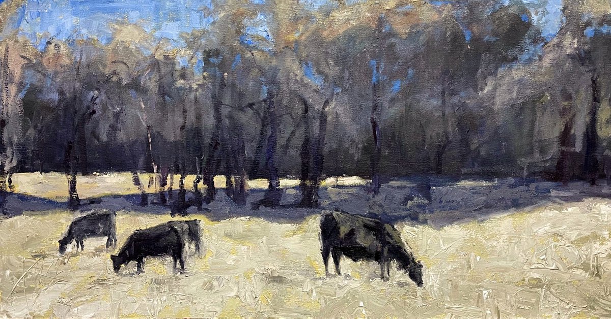 Fall Scene featuring Cows in Stone County, Arkansas. 44”x20” oil on canvas <a href="/kelleemayfield/">kelleemayfield</a> There was good light that day. #oilpainter #cowart