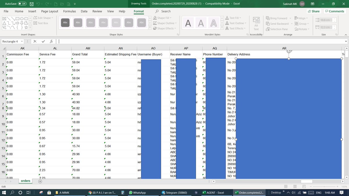 Download excel file di siniSo apa maklumat yang ada dalam report ni?Segala-galanya - kecuali email!Order ID, tracking, item yang dibeli, jumlah belian, nama pelanggan, nombor hp, alamat lengkap hatta jenis courier yang digunakan
