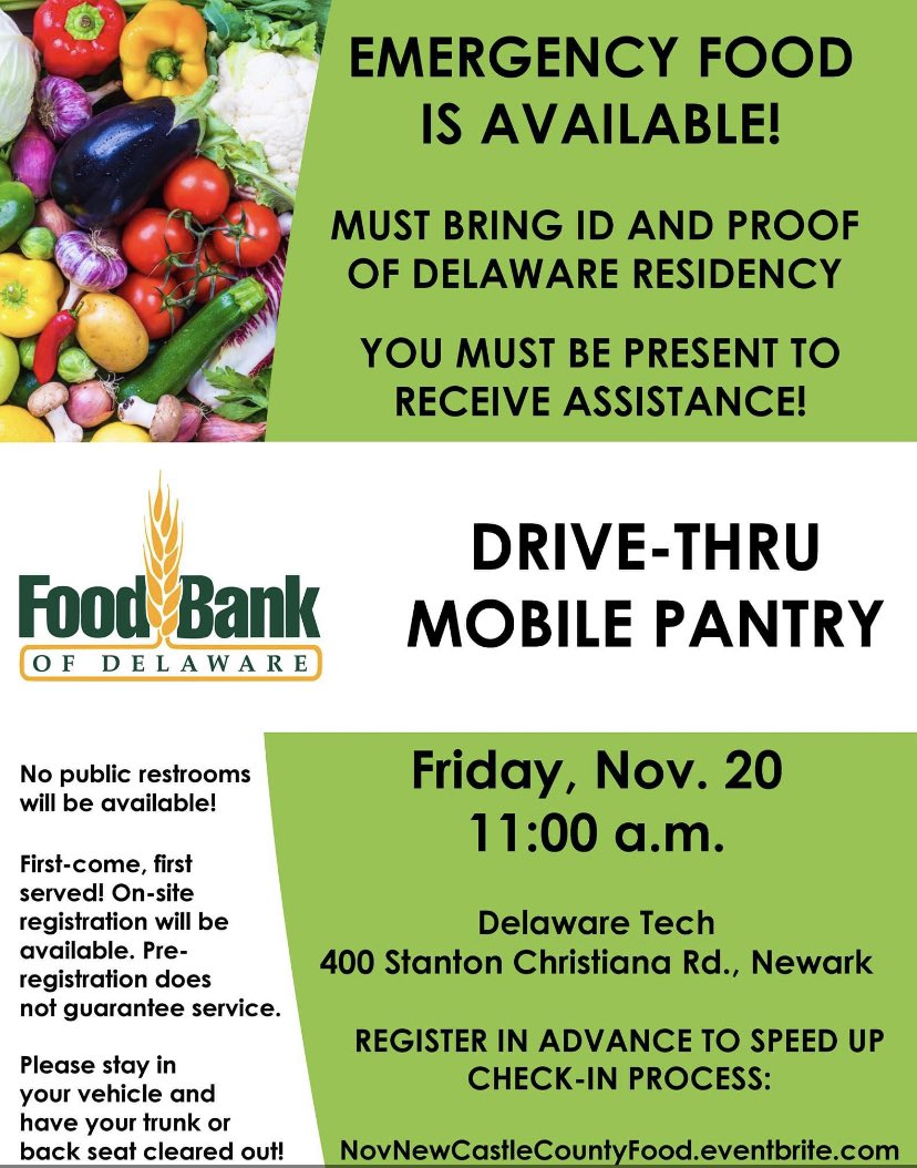 The <a href="/FoodBankofDE/">Food Bank of DE</a> is doing incredible things to support our neighbors that need help during this national crisis and they have partnered with @delawaretech to distribute food this Friday (11/20/2020) at our Stanton Campus. Please pass along to anyone in need. #dtccpride