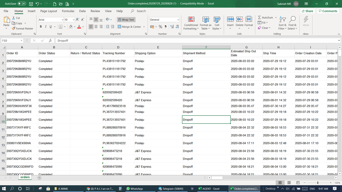 Download excel file di siniSo apa maklumat yang ada dalam report ni?Segala-galanya - kecuali email!Order ID, tracking, item yang dibeli, jumlah belian, nama pelanggan, nombor hp, alamat lengkap hatta jenis courier yang digunakan
