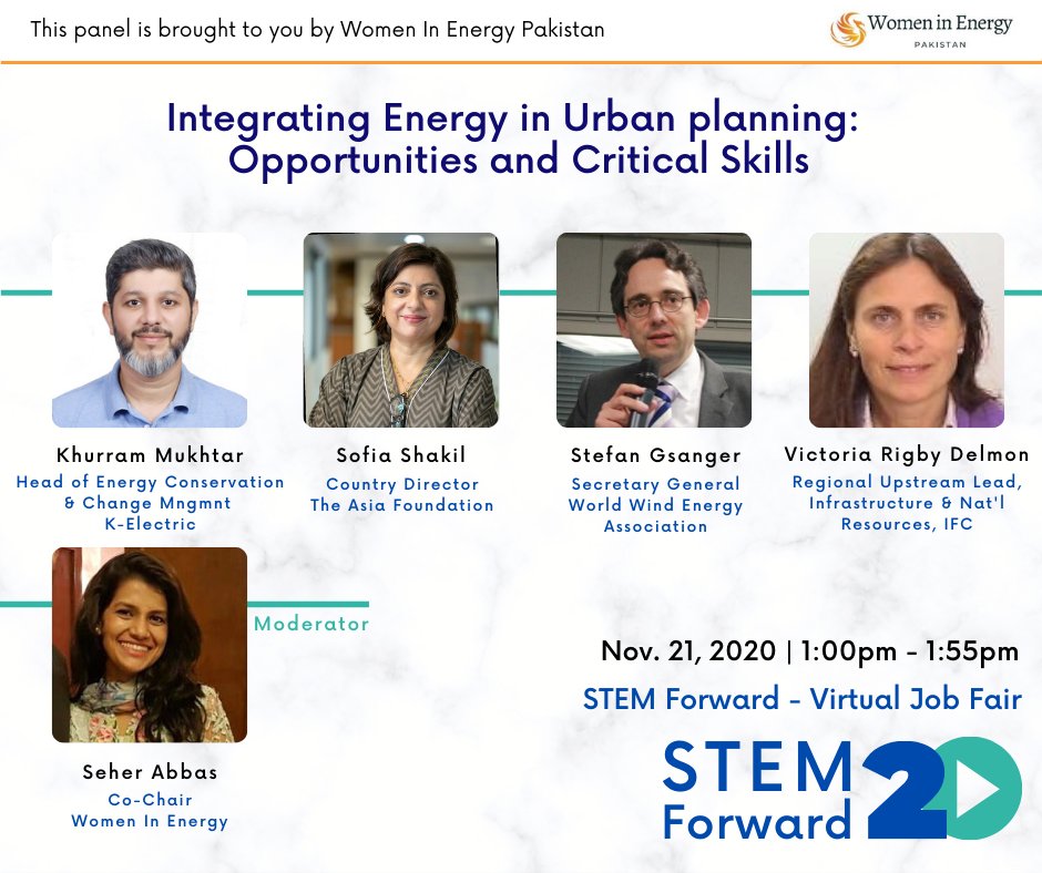 PkWomenInEnergy's tweet photo. Want to learn more about job opportunities & the critical skills required in "Integrating #Energy in #UrbanPlanning"? Join us for this amazing panel discussion! ππ½β‘οΈπ―
#STEMForward2020 Virtual Job Fair
November 21, 2020 | 1.00 pm (PKT)
#STEMforwardPakistan https://t.co/P8AKoeaAhS