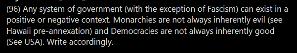 This is also basically fine.Monarchy is certainly *easier* to collapse into corruption, whereas democracy *generally* has safety features and redundancies built in, but ehhhh whatever, let's not quibble, it's a fine point.