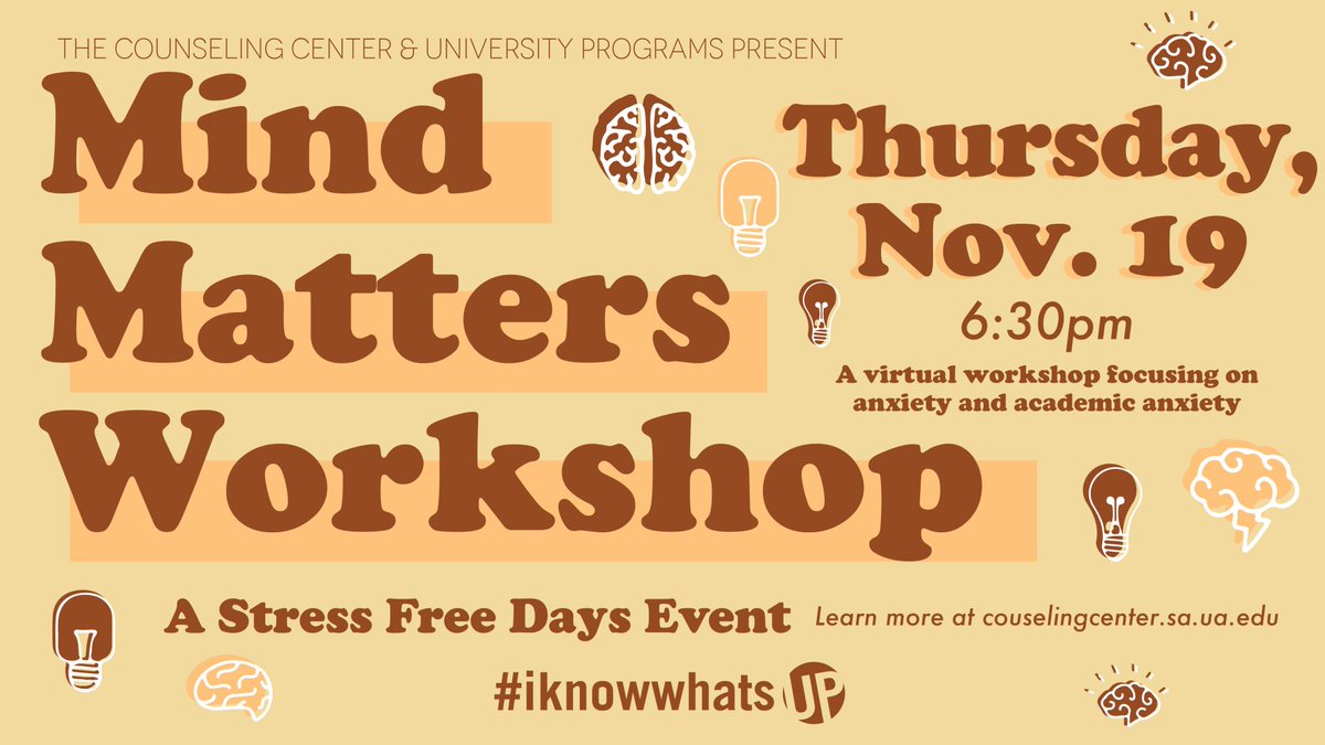 UAwhatsUP's tweet photo. ✨Join the UA Counseling Center Thursday at 6:30PM for a Mind Matters workshop on Anxiety and Academic Anxiety. This virtual workshop is FREE &amp; open to all UA students! ✨#iknowwhatsUP

📅Thursday, November 19
📍Zoom - https://t.co/hpaFKNr1hv
⏰6:30PM https://t.co/novPnsayCq