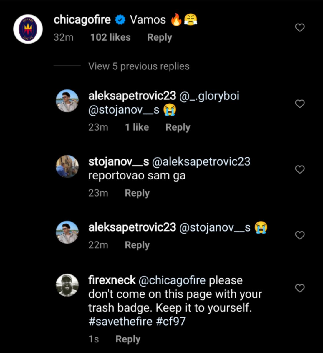 FIRExNECK's tweet photo. I don't follow the club formerly know as the Chicago Fire Soccer Club. When they showed up on the Bulls IG comments I had to remind them... #savethefire #cf97 https://t.co/TLJtXagECs