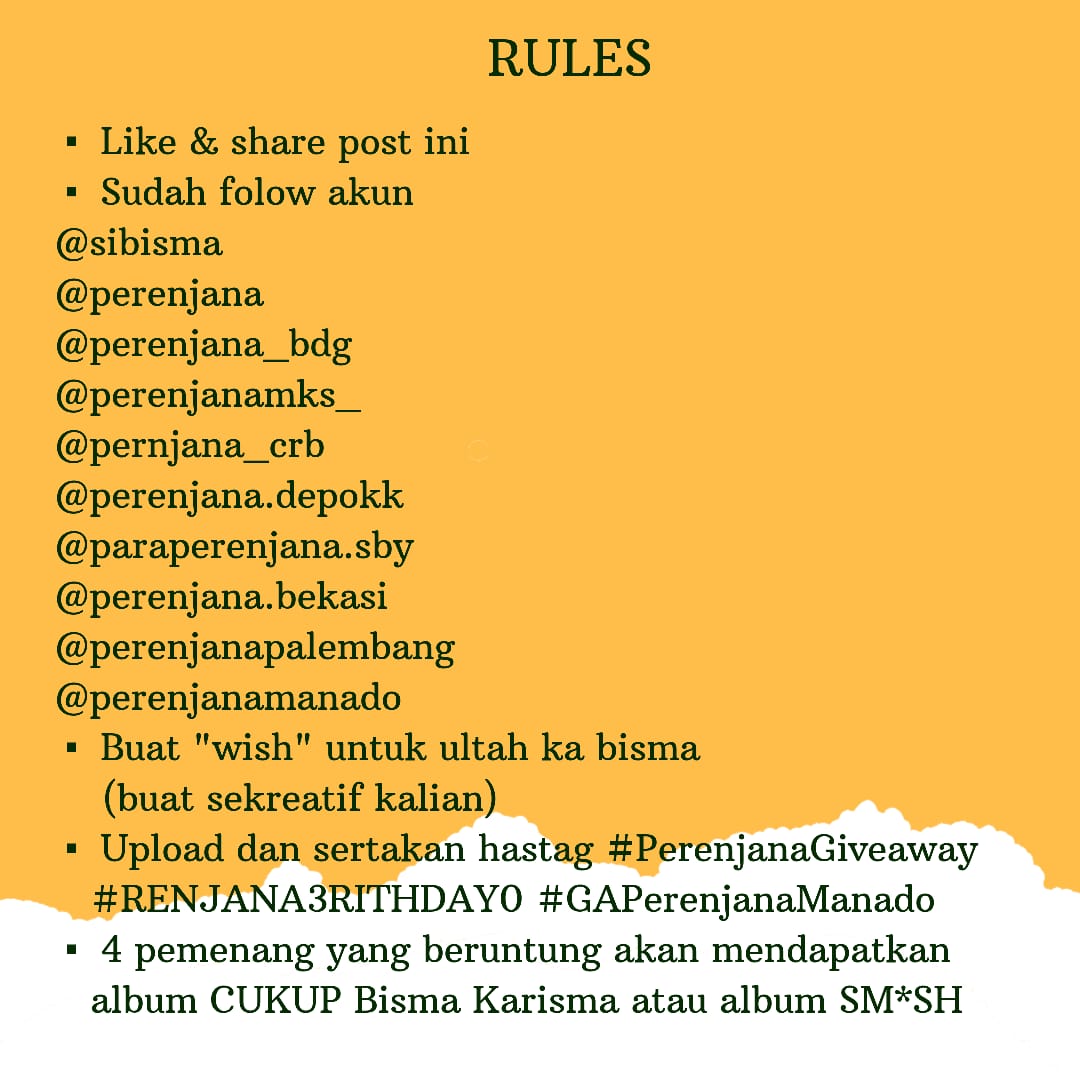 Nahh perhatikan baik" rulesnya gaess! untuk follow akun itu khusus account instagram ya bukan twitter hehe. Kalo ada pertanyaan bisa langsung tanya" di ig @perenjanamanado soalnya admin jarang buka twitter hehe.

Ayoo share dan ajak temen" kalian!!