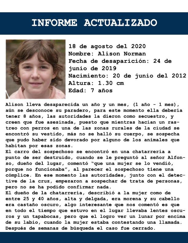 CCon3xion's tweet photo. Informes de Alison Norman. 
INFORMÉ ACTUALIZADO. https://t.co/N6FiSZFoD7