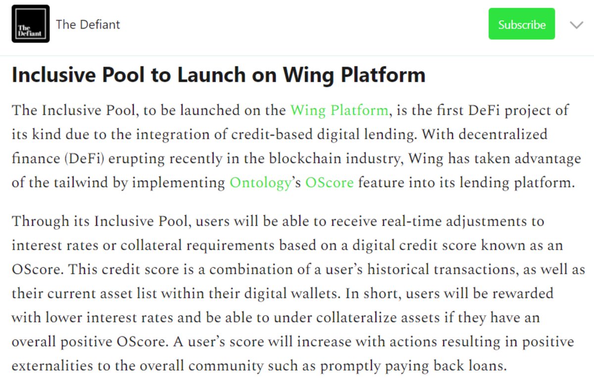 Wing_Finance's tweet image. As we gear up for the launch of the #InclusivePool, check out further news and full details at places like @DefiantNews to stay up to date on how @OntologyNetwork's #OScore will bring #DeFi to the age of #Credit 😲😲