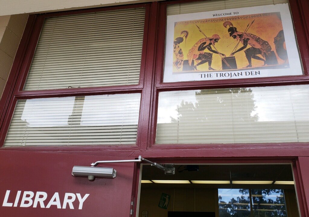 On Election Day the Divisadero Library held a vote for the Library nickname, name suggestions were directly from students as well.  Our new Library name is "The Trojan Den". Today this sign was posted over the door. #studentvoice
