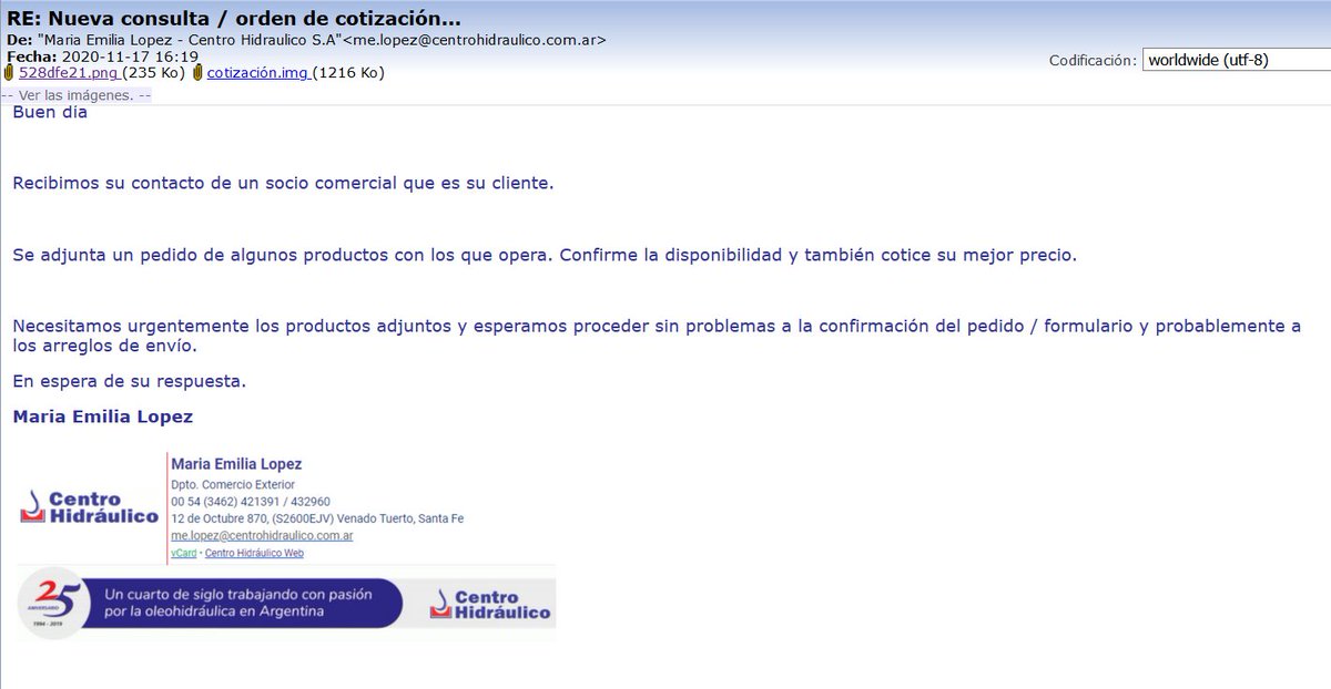 Malware #AgentTesla RAT dirigido a Argentina 🇦🇷

Indicadores de compromiso:

SENDER 
me.lopez@centrohidraulico.com.ar 
(correo comprometidos)

EXFILTRACION 
/mail.soin3.com 
162.241.2.113

joesandbox.com/analysis/542015

#Malware #RemoteAccessTrojan #Spy