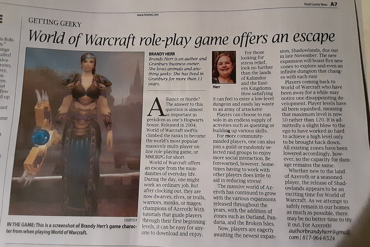 My column in today's <a href="/HoodCountyNews/">Hood County News</a>! This subject is a bit near and dear to my heart. And yes, that is a picture of my character!

<a href="/Blizzard_Ent/">Blizzard Entertainment</a> <a href="/Warcraft/">World of Warcraft</a> #WorldOfWarcraft #Azeroth #ForTheAlliance #ForTheHorde #Alliance #Horde #MMORPG #Shadowlands