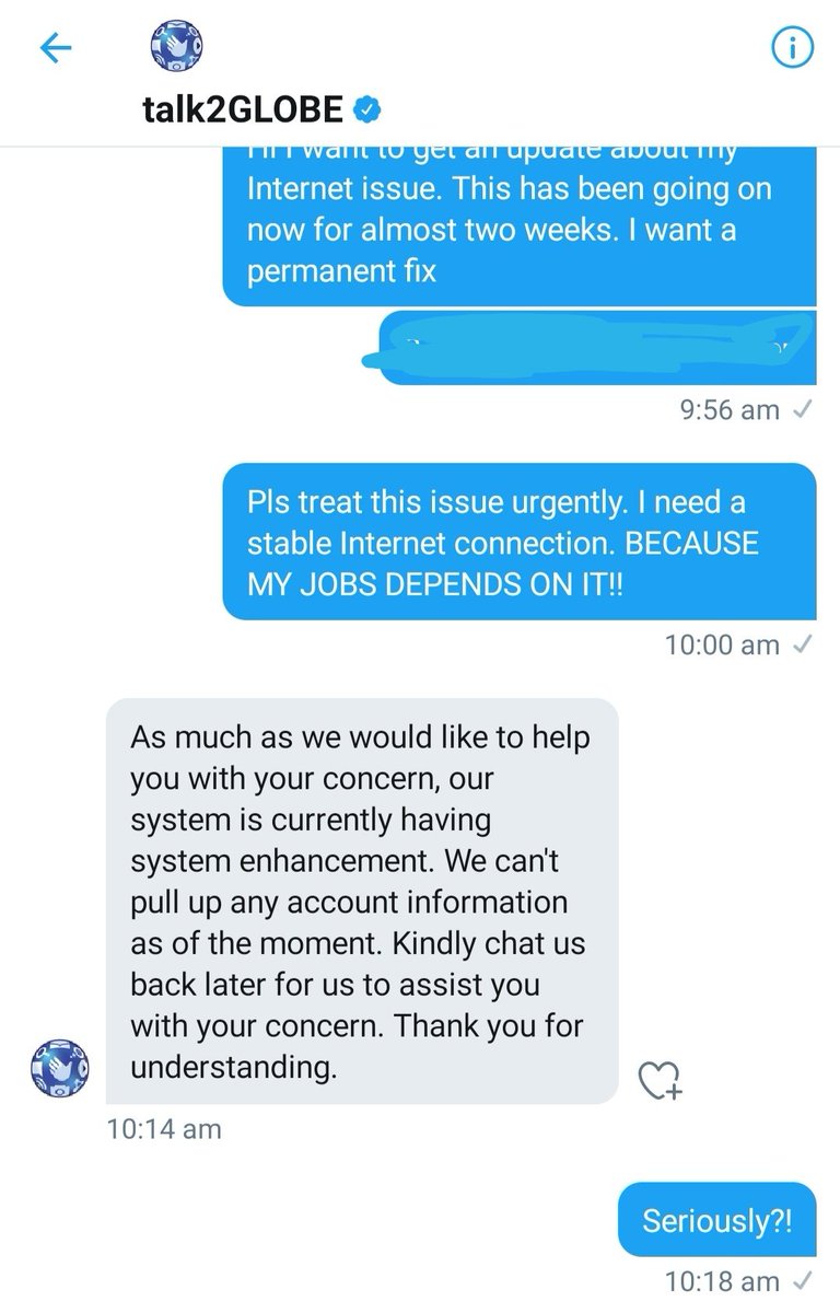 AprilMaeSanche1's tweet photo. @enjoyGLOBE seriously?

This is very frustrating!
Terrible customer service https://t.co/k5AuZU44Zf
