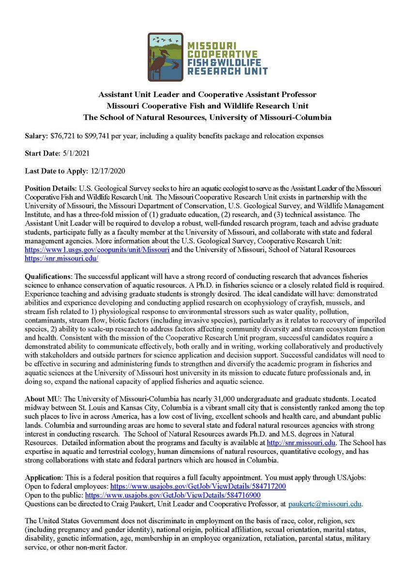 Do you study the physiological response of crayfish or mussels to environmental stressors? Do you conduct research to inform management? Come work with <a href="/USGSCoopUnits/">USGSCoopUnits 🐾 🎣</a> <a href="/cafnr/">Mizzou CAFNR</a> at Mizzou! Great univ and agencies in a great town.  Have to apply on USAjobs. Contact me with questions!