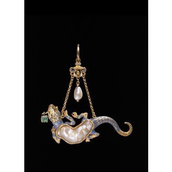 The body of this salamander consists of a large 'baroque' or irregular-shaped pearl. Baroque pearls presented the jeweller with an opportunity to demonstrate their skill at adapting an object formed by nature to the requirements of Renaissance fashion.