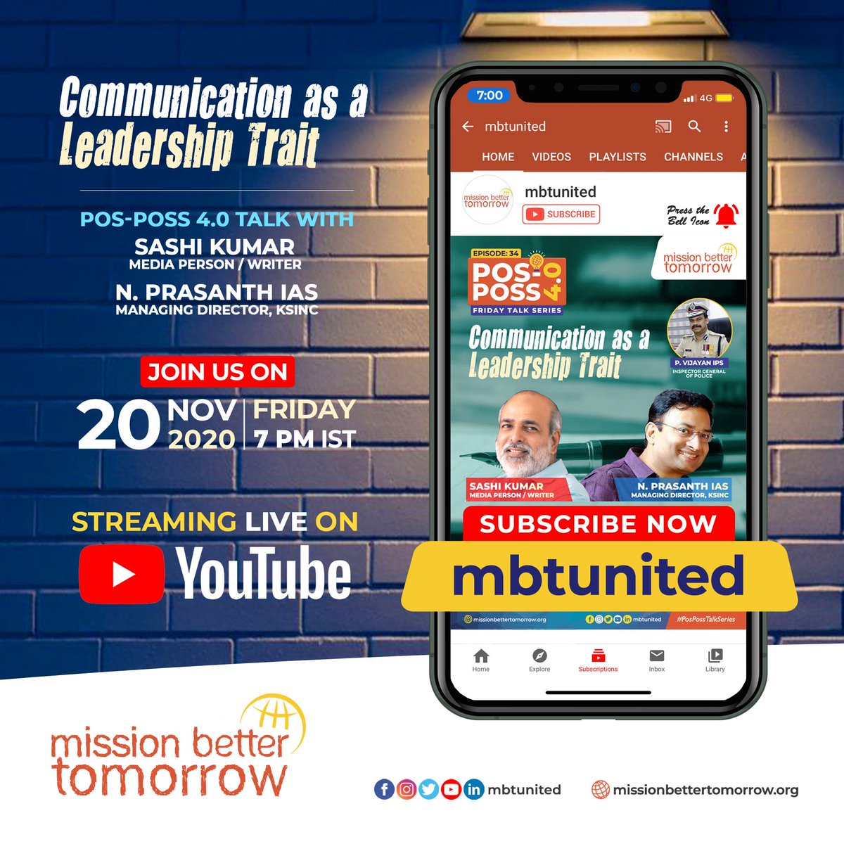 mbtunited's tweet photo. Communication as a Leadership Trait
Date: 20th Nov, Friday
Time: 7pm IST
Subscribe & Join us LIVE on⭕️
https://t.co/hQ222pgHz4
#posposstalkseries
#missionbettertomorrow #nanmafoundation #punyampoonkavanam #pvijayanips #studentpolicecadets #orckerala #unicef #posposs4 https://t.co/epZBxXoAFv