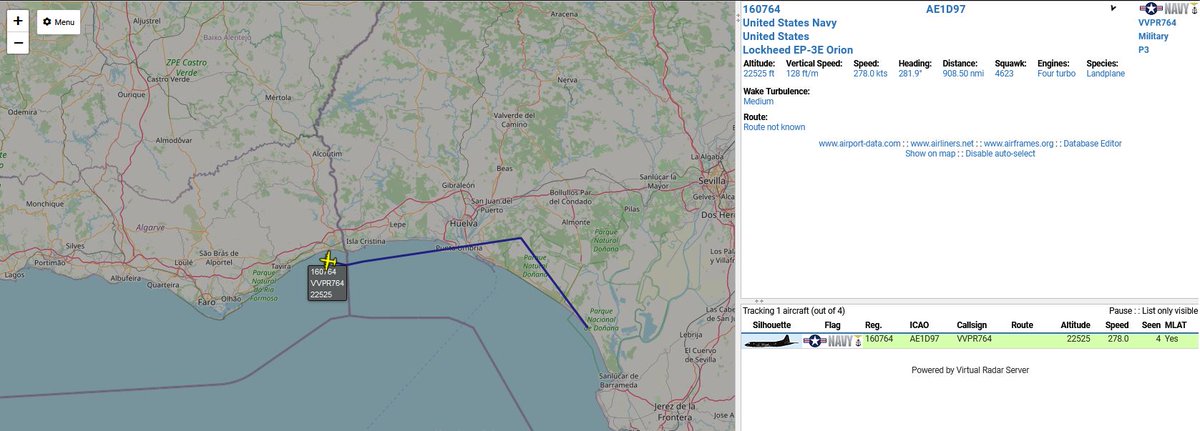 civ_pt's tweet image. United States Navy 🇺🇸

160764 , #VVPR764, Lockheed EP-3E Orion, FL400

Out of Rota Airbase #LERT #ROZ, heading west. 

#potn #planespotting #virtualradar #ADSB #avgeeks #avgeek #military #UNavy