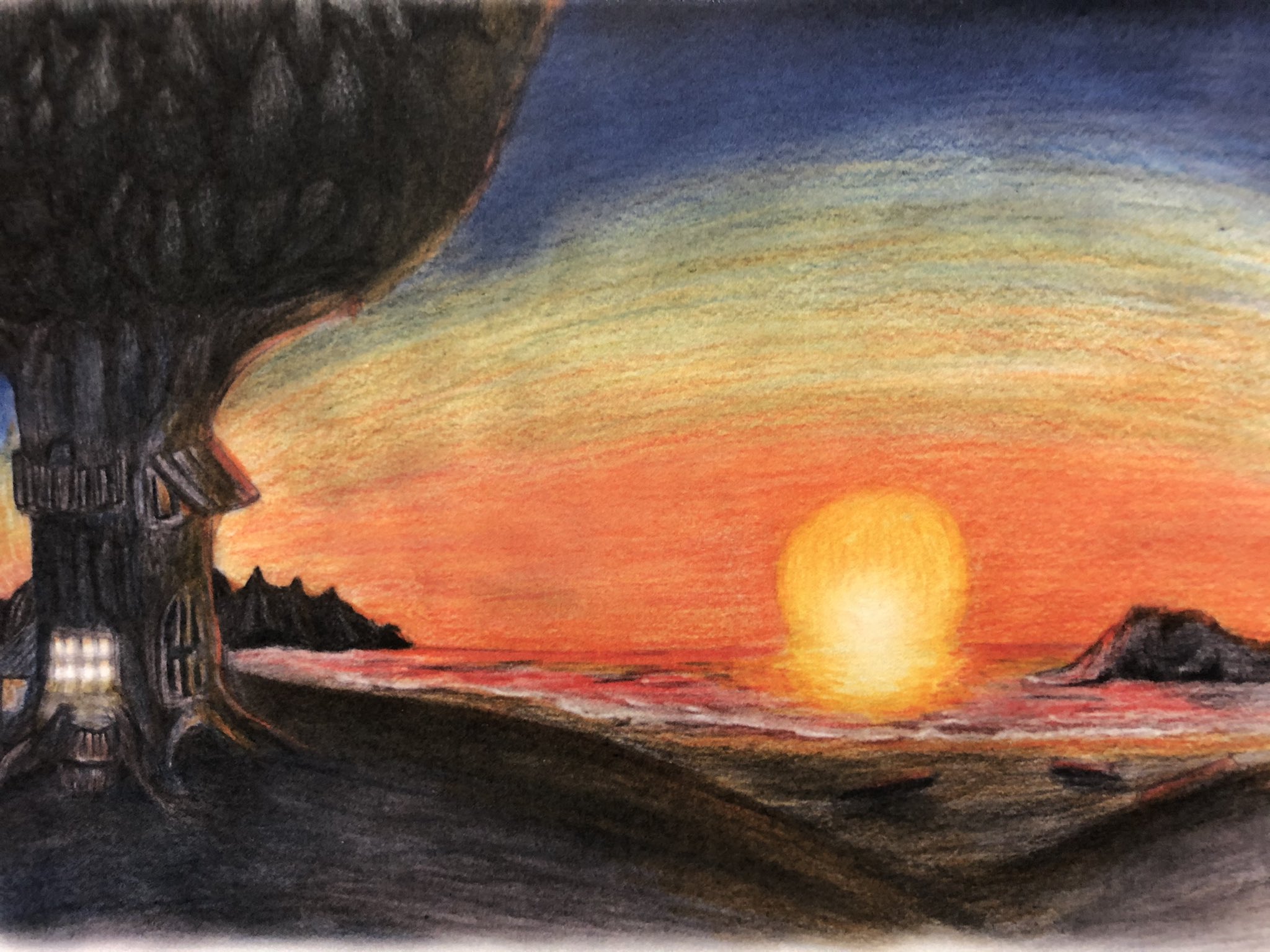 落花生 さとっぴー たそがれ時 イラスト 色鉛筆 夕焼け たそがれ ファンタジー 癒し画像 T Co 6trhouakr0 Twitter