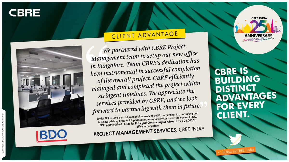 CBRE_India's tweet photo. @BDOGlobal, an international network of public #accounting, #tax, consulting, and business advisory firms partnered with CBRE for Principal Contracting Services of their 24,000 sq. ft. Office in Bengaluru. 

Here's what they had to say about the association: 

@CBREPJM https://t.co/XwWdnBzsLm